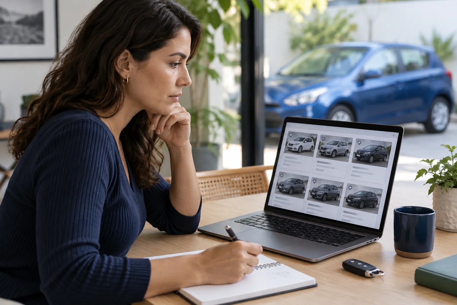 Mulher compara anúncios de veículos em um notebook, com um carro azul ao fundo
