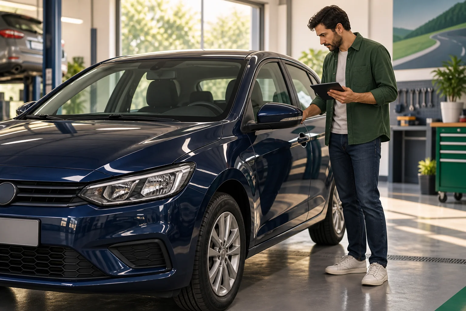 Ilustração de uma pessoa com tablet ao lado de um carro azul em uma garagem de avaliação