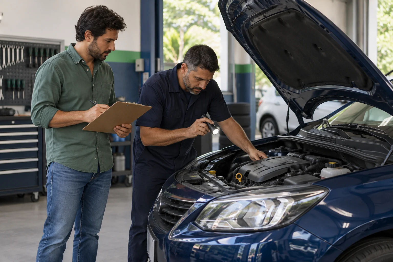 Comprador acompanha um mecânico na avaliação de um carro azul em uma oficina