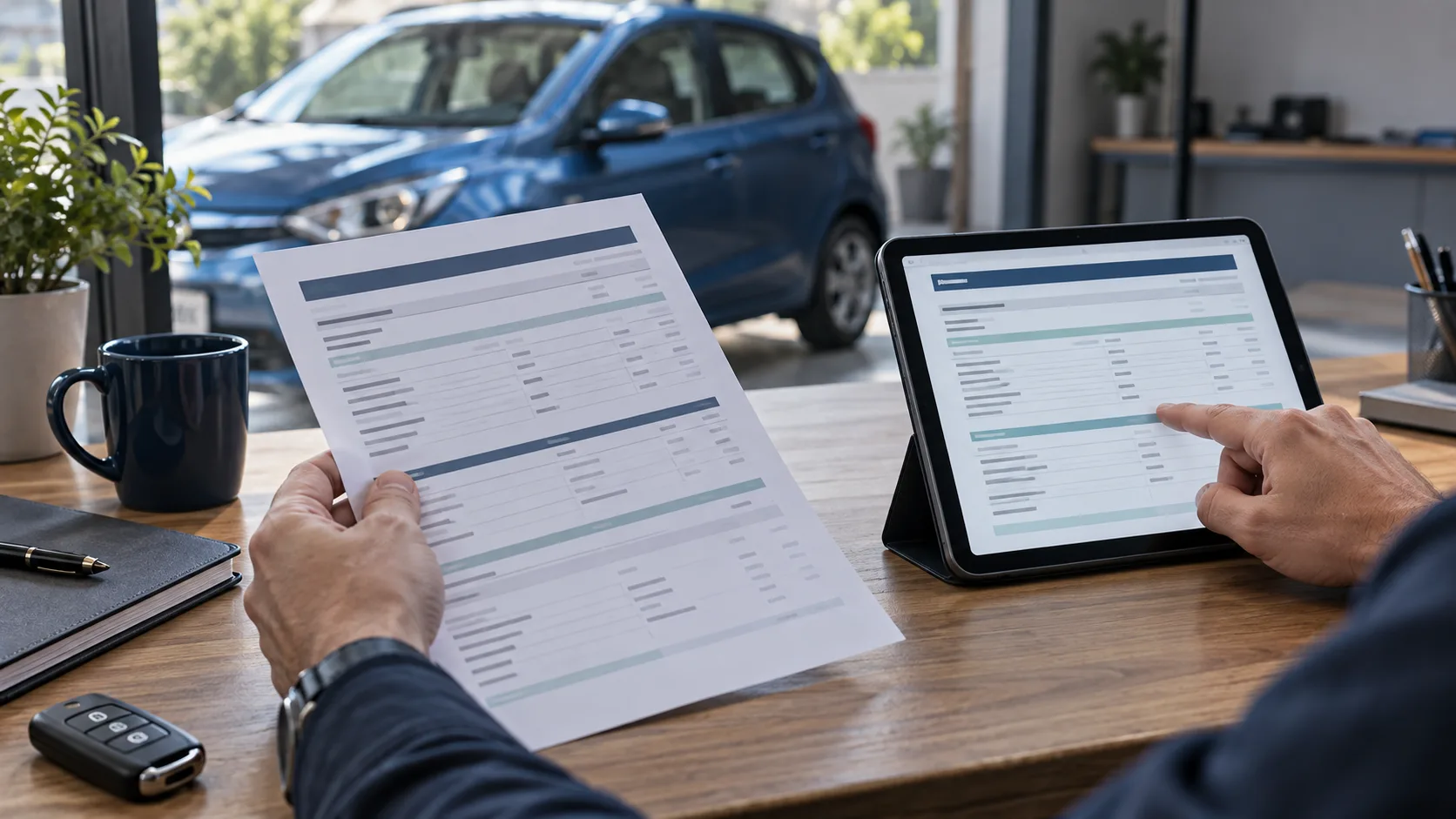 Pessoa compara um relatório impresso com um tablet, com um carro azul ao fundo