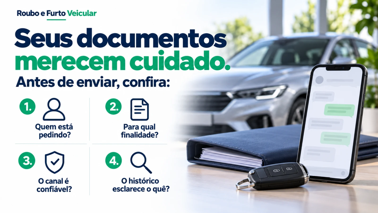 Seus documentos merecem cuidado: quem está pedindo, para qual finalidade, se o canal é confiável e o que o histórico esclarece. Arte com celular, pasta, chave e carro.