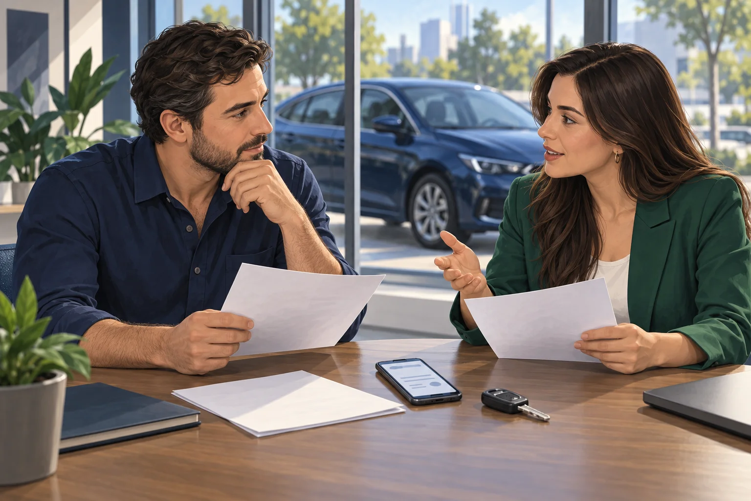 Ilustração de duas pessoas conferindo papéis à mesa, com celular, chave e um carro azul ao fundo