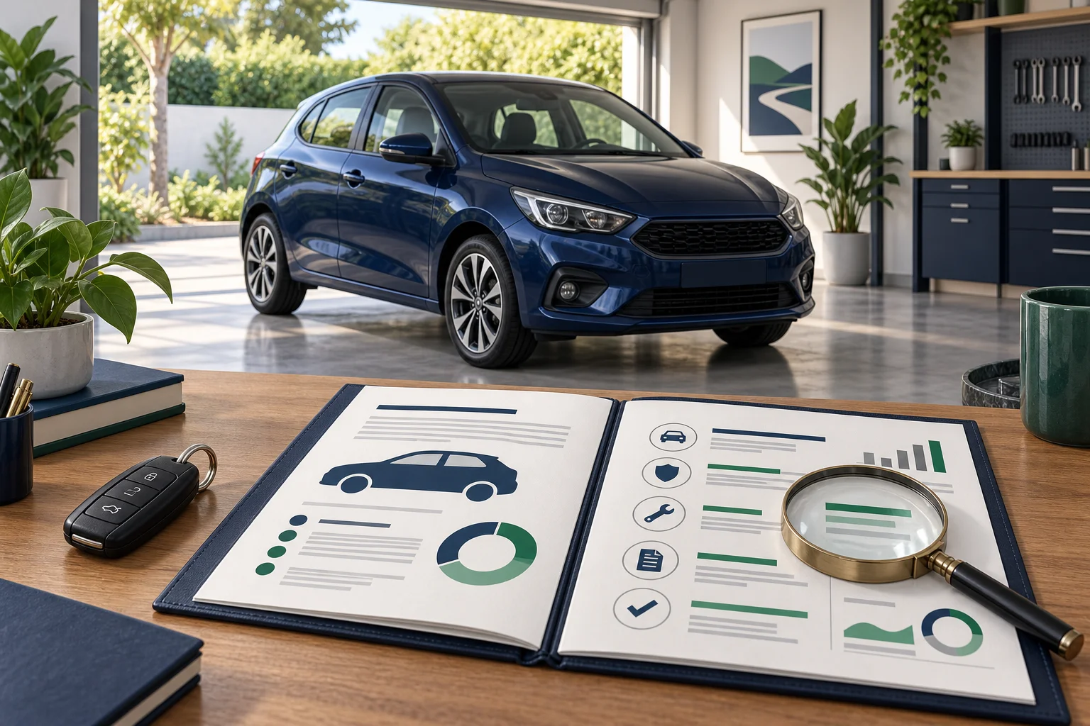 Ilustração de um carro azul em garagem, com pasta aberta, chave e lupa sobre uma mesa