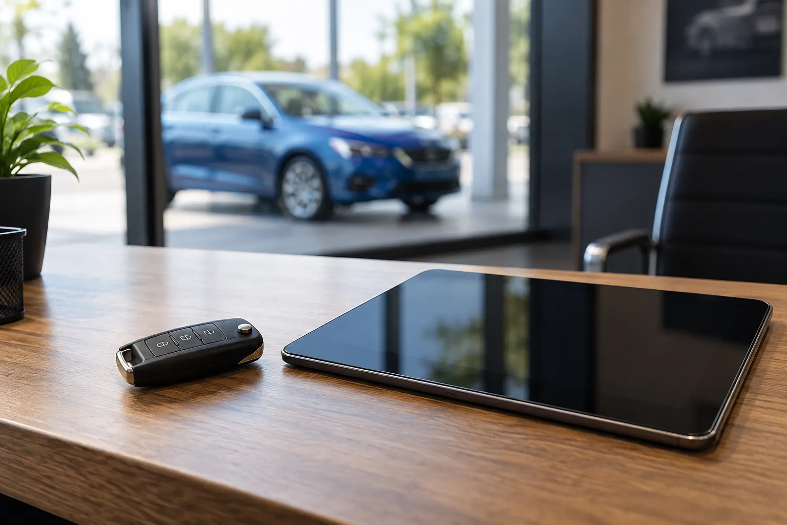 Chave e tablet sobre uma mesa, com veículo ao fundo